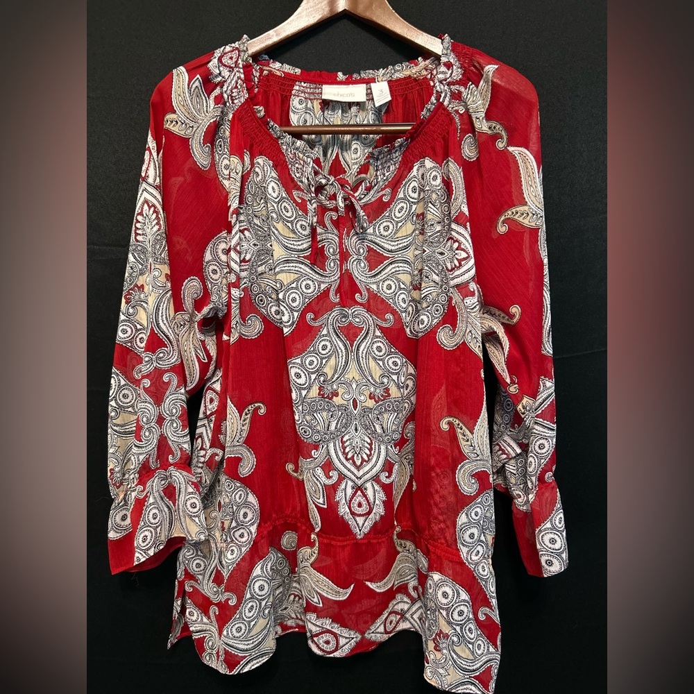 CHICO's 3 Womens Large 16 Blouse Shirt Burgundy Black Tan Paisley Print  V Neck